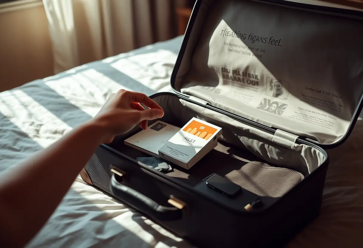 Une main qui place un paquet de cigarettes dans une valise de taille moyenne ouverte sur un lit, éclairée par la lumière du matin