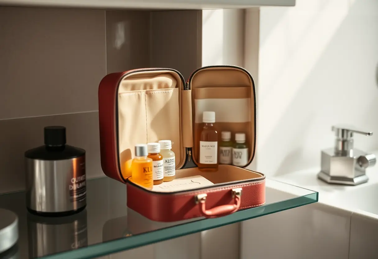 Un kit de toilette ouvert sur une étagère de la salle de bains, contenant des bouteilles miniatures bien rangées