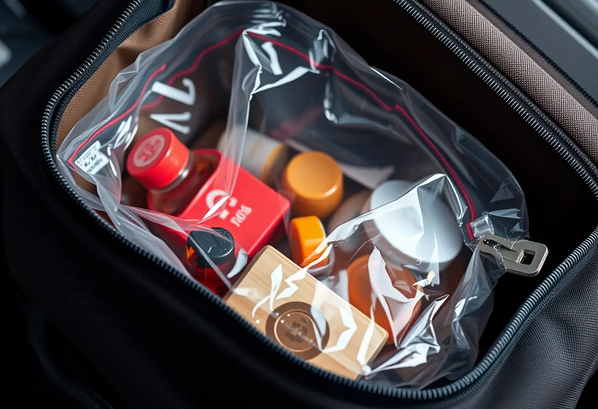 Un sac en plastique transparent rempli de différents liquides est placé soigneusement à l'intérieur d'une valise de cabine fermée