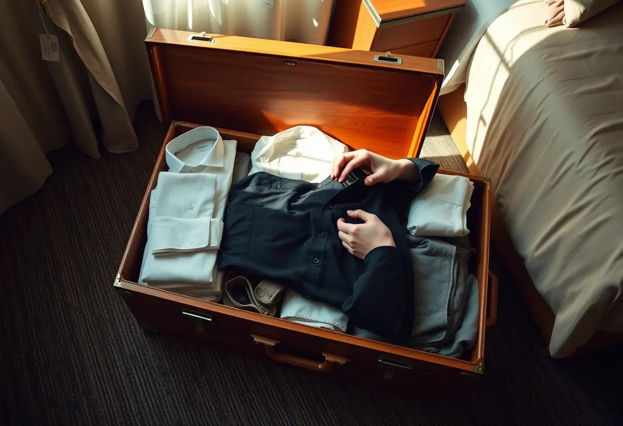 Un grand valise en bois ouverte sur le sol d'une chambre d'hôtel contenant des vêtements pliés.