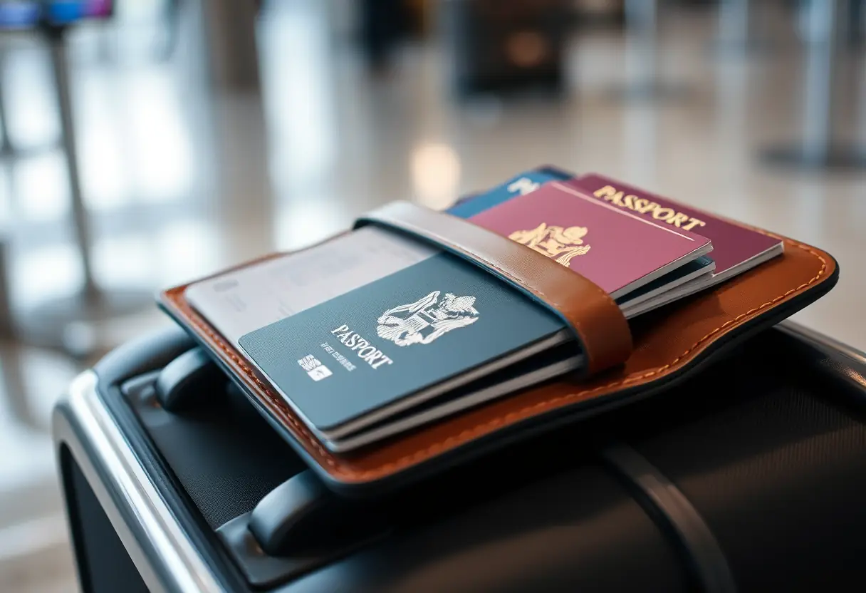 Un porte-passeports en cuir contenant plusieurs passeports posés sur une barre de bagages à l'aéroport.