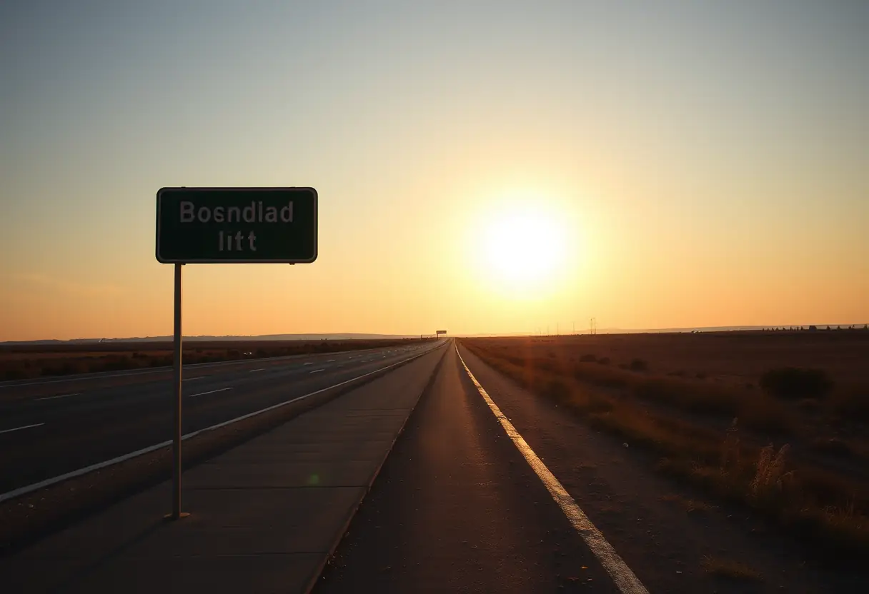 Une panneau routier sur une autoroute sans fin, éclairé par le soleil couchant