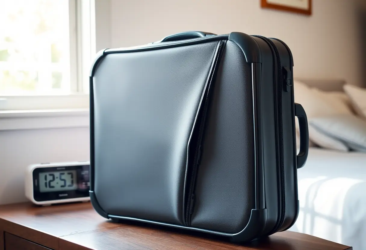 Une valise rectangulaire fermée avec son zip partiellement ouvert, posée sur une commode dans une chambre à coucher, près d'une horloge digitale, éclairée par la lumière du soleil entrant par une fenêtre voisine