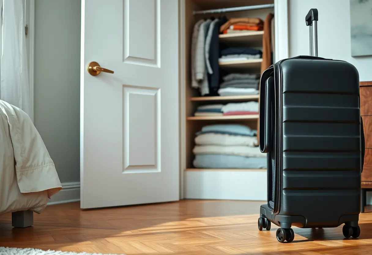 Une poignée télescopique sortie d'une valise cabine posée sur le plancher d'une chambre, avec une porte d'armoire à vêtements partiellement ouverte derrière, montrant des vêtements pliés avec soin