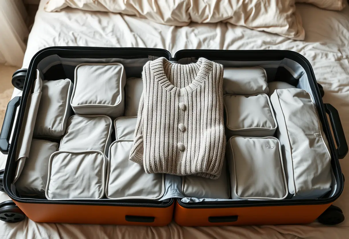 Des cubes de rangement disposés en rangées dans une valise cabine partiellement ouverte sur un lit, avec un pull plié au-dessus des cubes