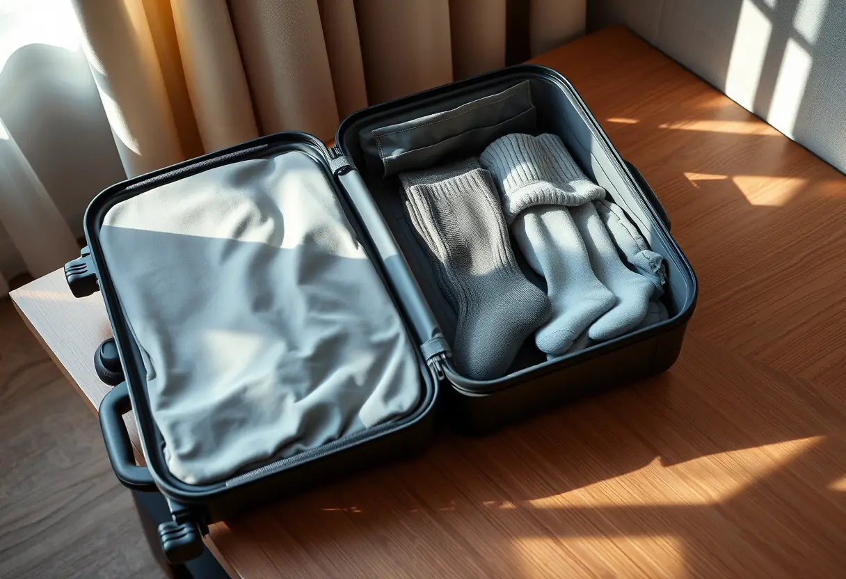 Un valise ouverte révèle des pantalons et des chaussettes bien pliés sur un bureau d'hôtel.