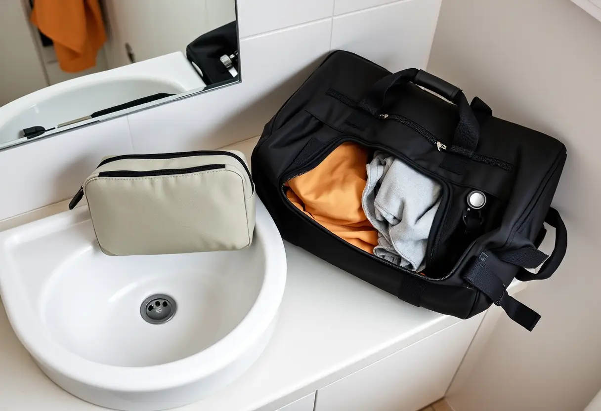 Un kit de toilette fermé posé sur un lavabo, à côté se trouve un sac de voyage partiellement rempli, tous deux prêts pour le voyage