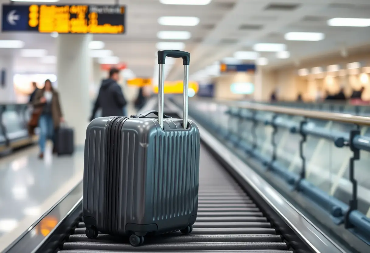 Un manche télescopique sortant d'une valise cabine rigide posée sur un tapis roulant d'aéroport