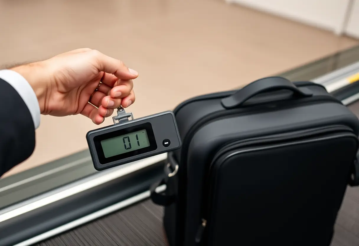 Une main tenant un échelle de bagages à côté d'une valise cabine sur un tapis roulant