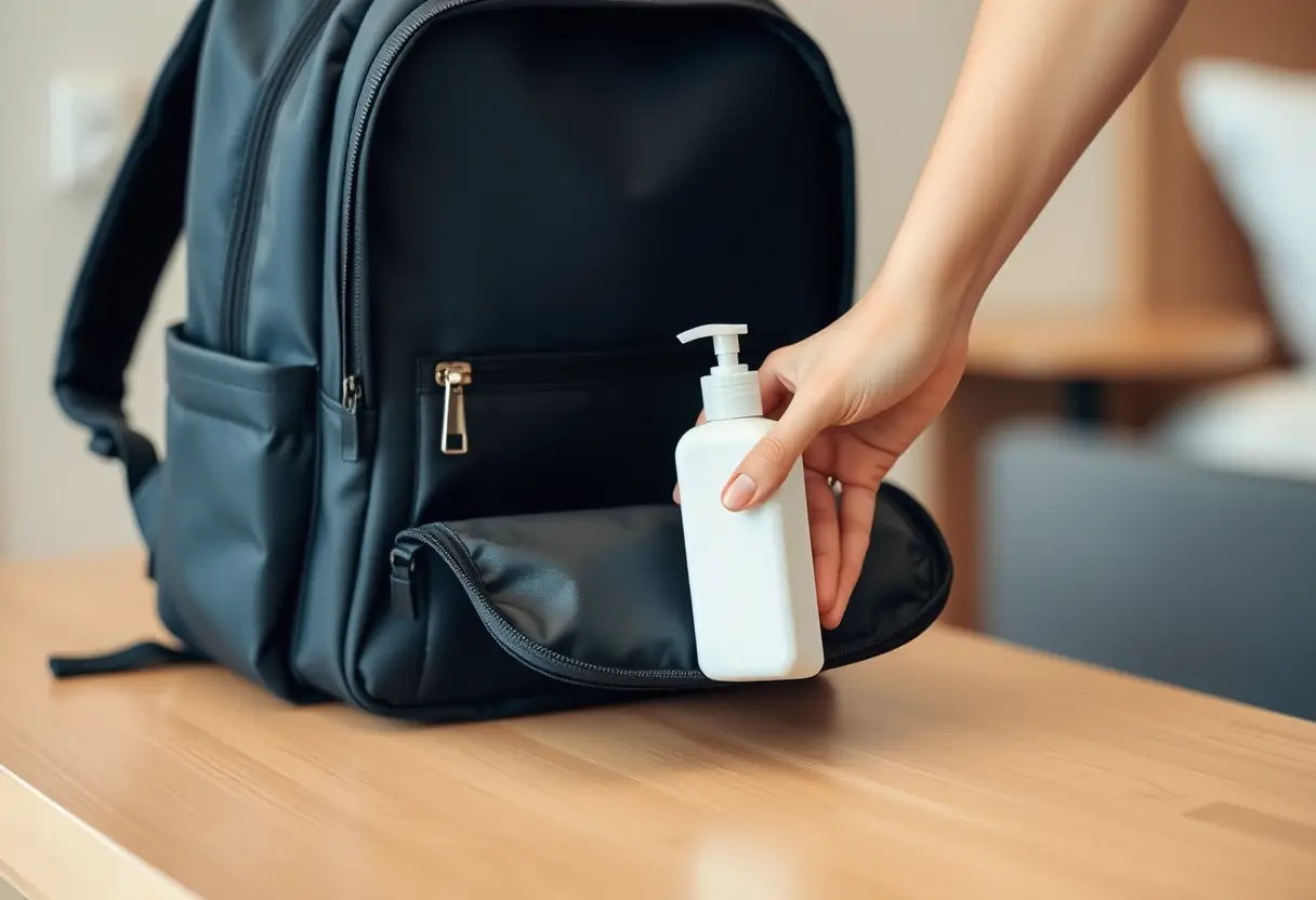 Une main qui place une petite bouteille de toilette dans un sac à dos médium posé sur une table d'hôtel