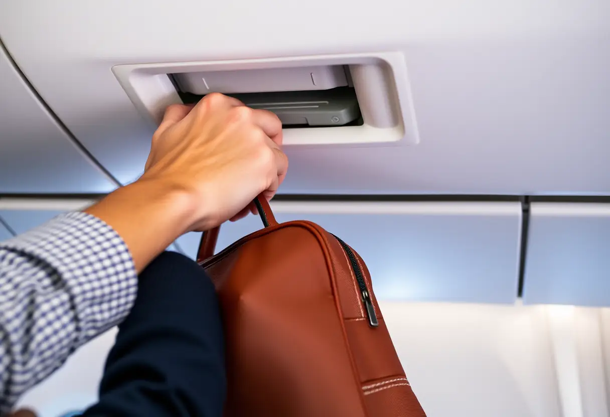 La main d'un voyageur qui place un sac dans un compartiment de soute