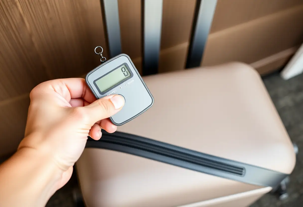 Un petit pèse-personnes tenu au-dessus d'une valise de cabine posée sur un porte-bagages d'hôtel