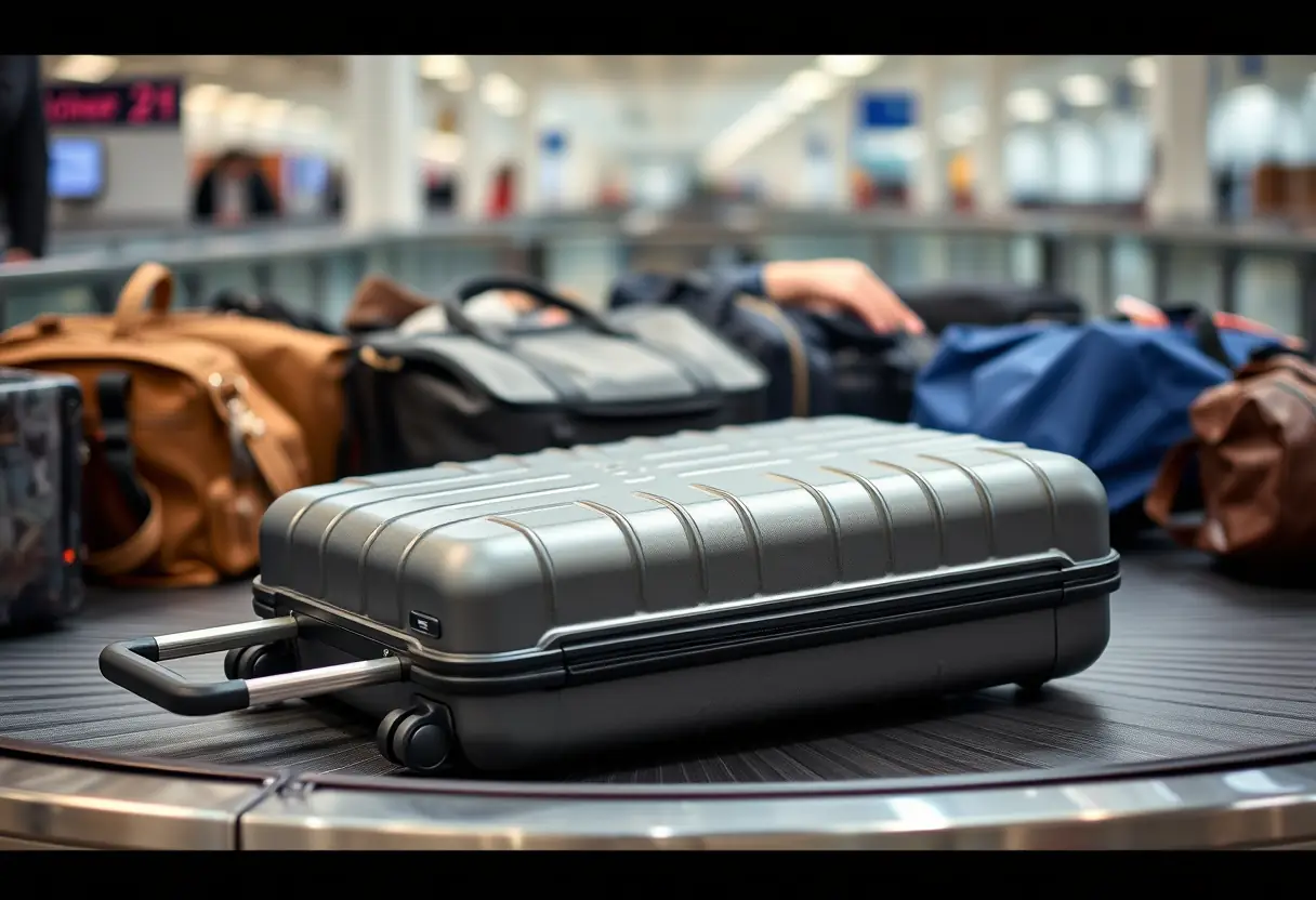 Une poignée télescopique tendue depuis une valise de cabine rigide couchée sur son côté sur un tapis de bagagerie, entourée de sacs de différentes tailles
