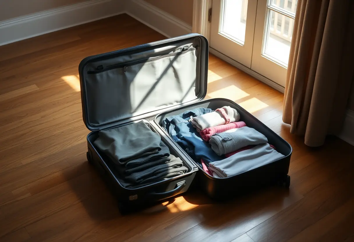 Une valise rectangulaire grande ouverte sur un plancher en bois dur, révélant des vêtements pliés avec soin à l'intérieur, la lumière du soleil qui filtre à travers une fenêtre voisine éclaire les contenus bien organisés