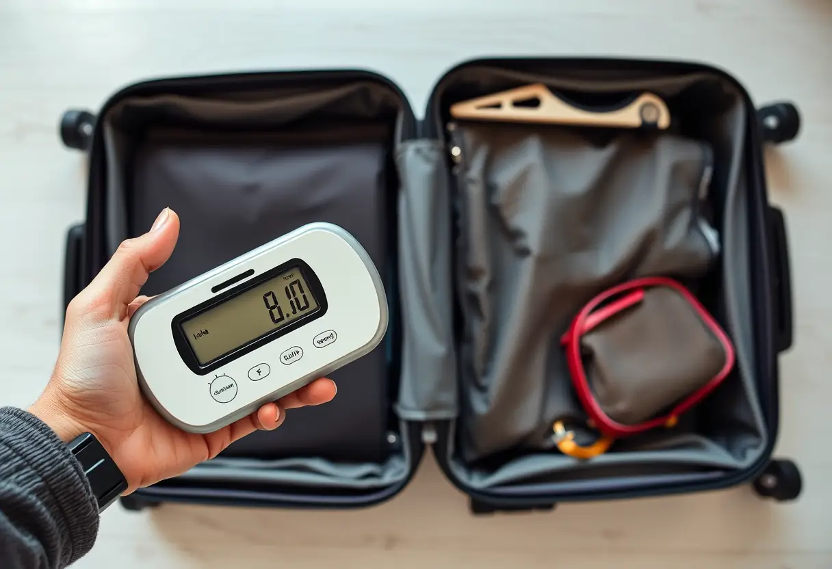 Une main tenant une balance numérique à côté d'une valise rigide ouverte, montrant divers objets à l'intérieur