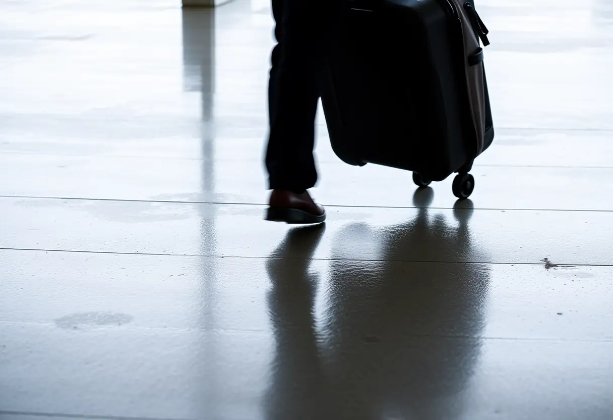 Des roues d'une valise tournant sur un sol mouillé à l'aéroport, la silhouette d'une personne marchant derrière la valise