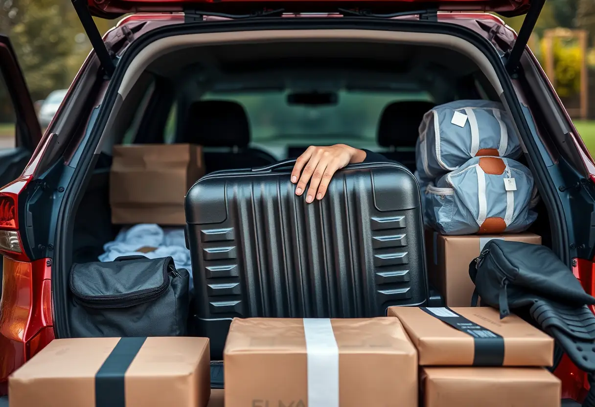 Une main posant délicatement une valise moyenne dans le coffre d'une voiture entourée de boîtes emballées et d'accessoires de voyage