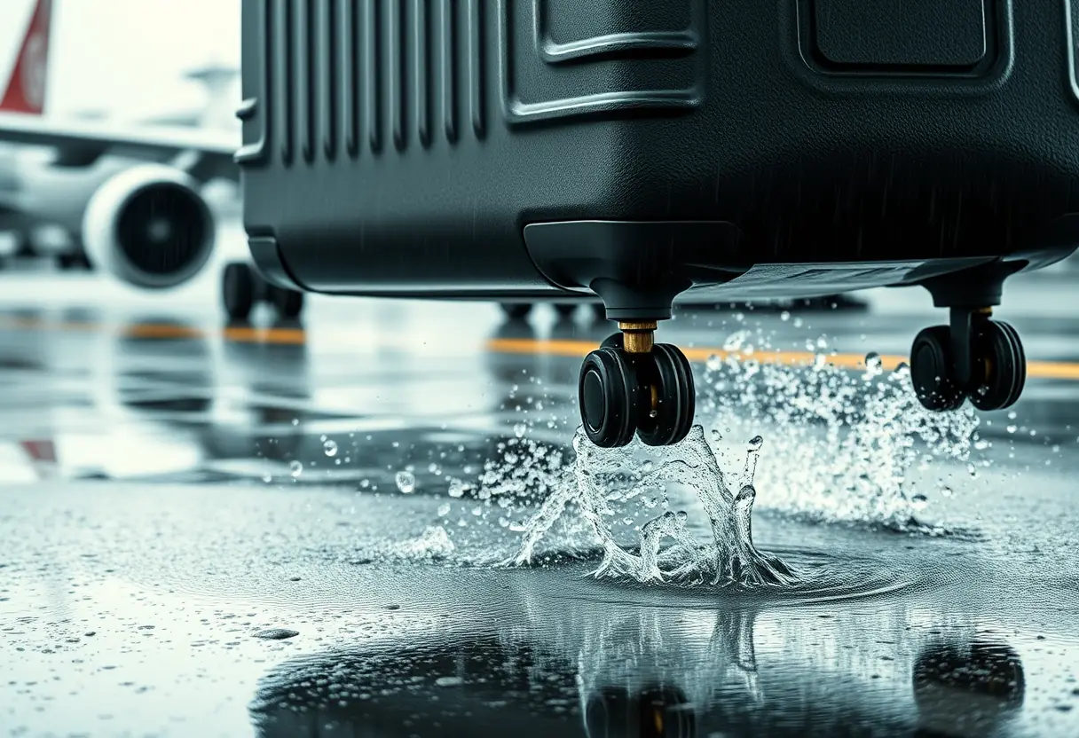 Des roues d'une valise tournant sur un terrain d'aéroport mouillé après un orage, projetant des gouttes d'eau sous la lumière naturelle