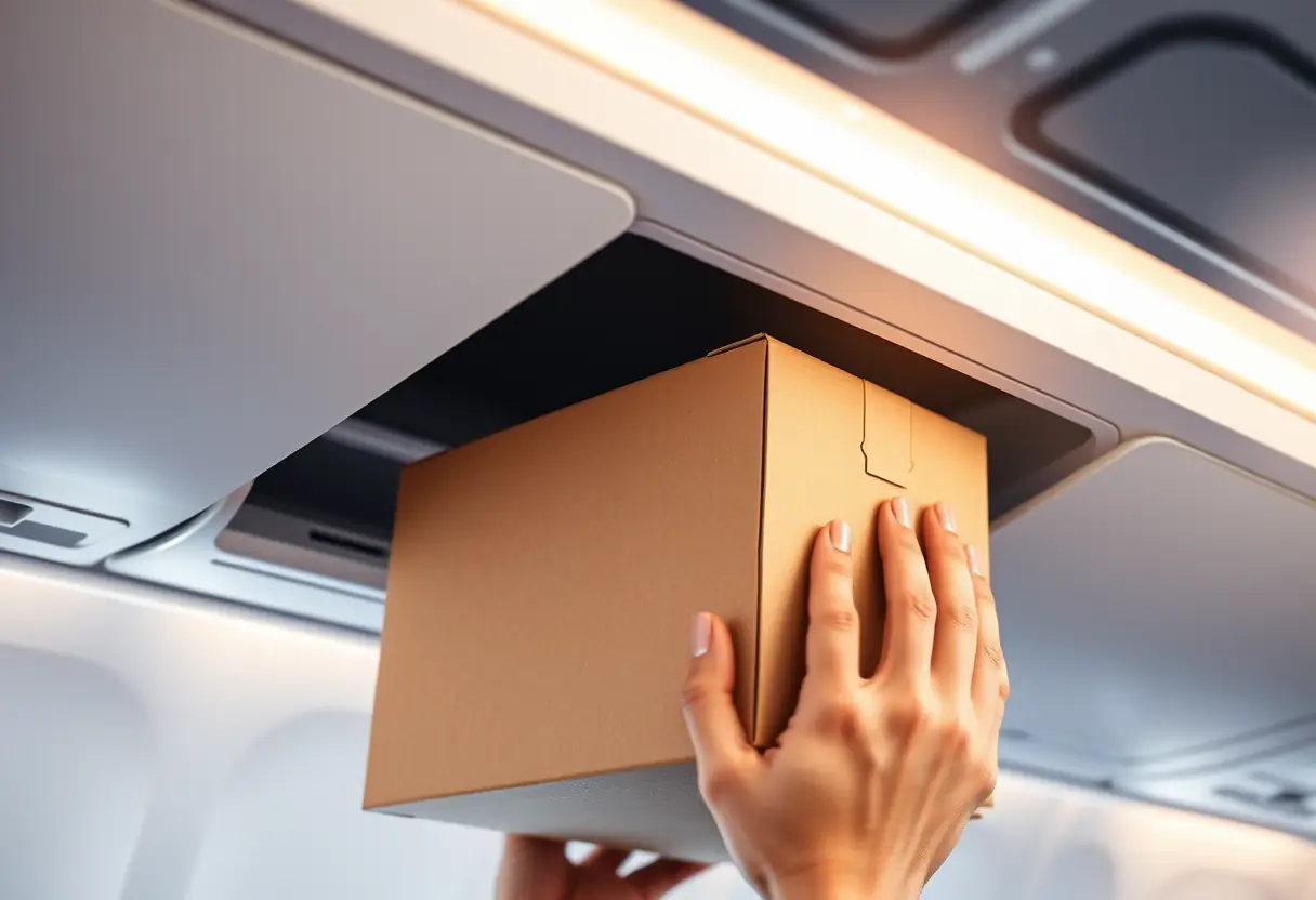 Une main mettant une boîte rectangulaire en carton dans le compartiment à bagages au-dessus des sièges, voyage avec Ryanair.