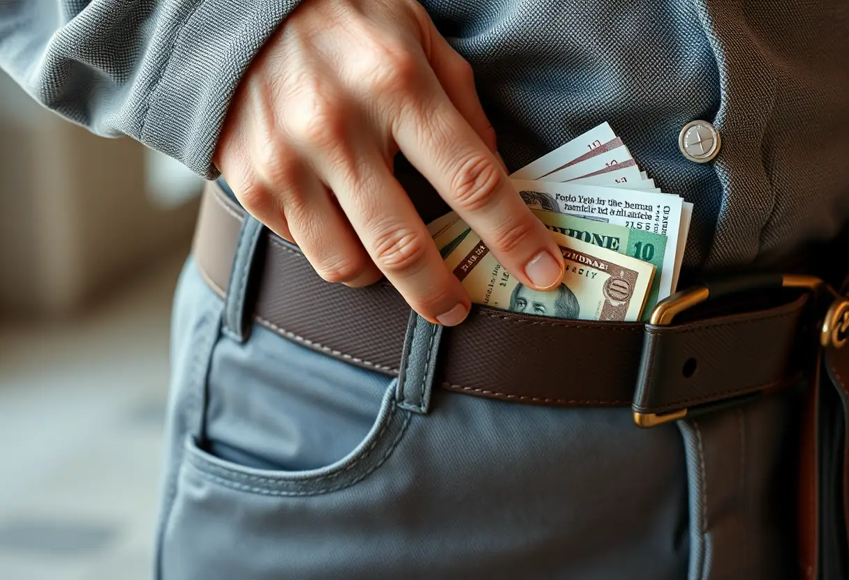 Une main de voyageur mettant soigneusement des billets pliés dans un porte-monnaie autour de sa taille