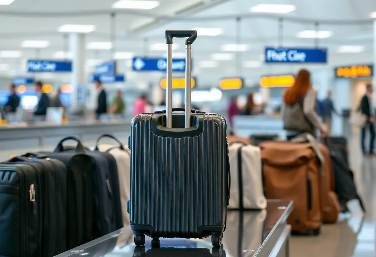Un bouton de poignée télescopique sur une valise cabine posée sur un comptoir d'enregistrement à l'aéroport