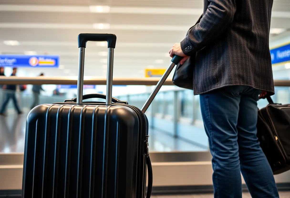 Un bouton de poignée télescopique pointant vers la zone de embarquement, à côté d'une valise cabine pleine à côté d'un voyageur à la porte d'embarquement