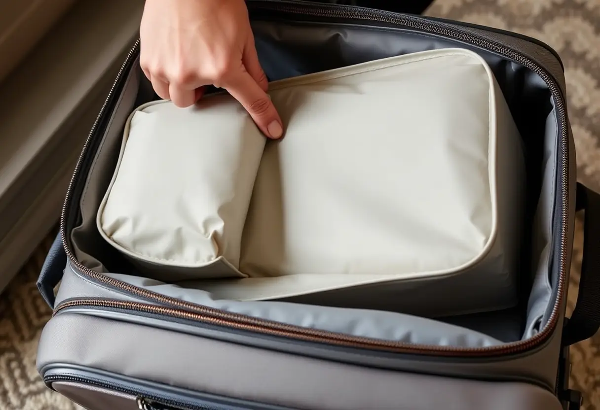 Une main insérant un compartiment de rangement rectangulaire dans un sac-cabine de taille moyenne