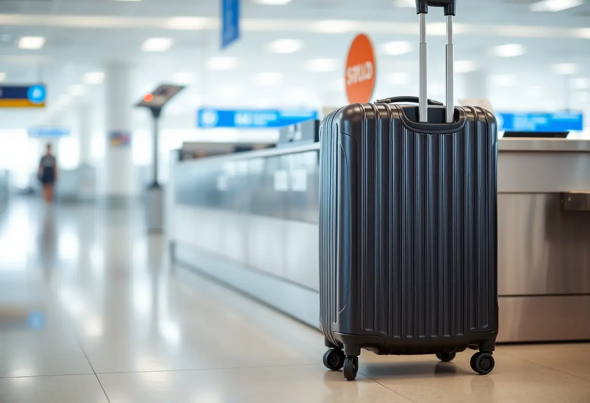 Une valise avec un bouton télescopique posée près d'une balance de bagages à un comptoir d'enregistrement à l'aéroport