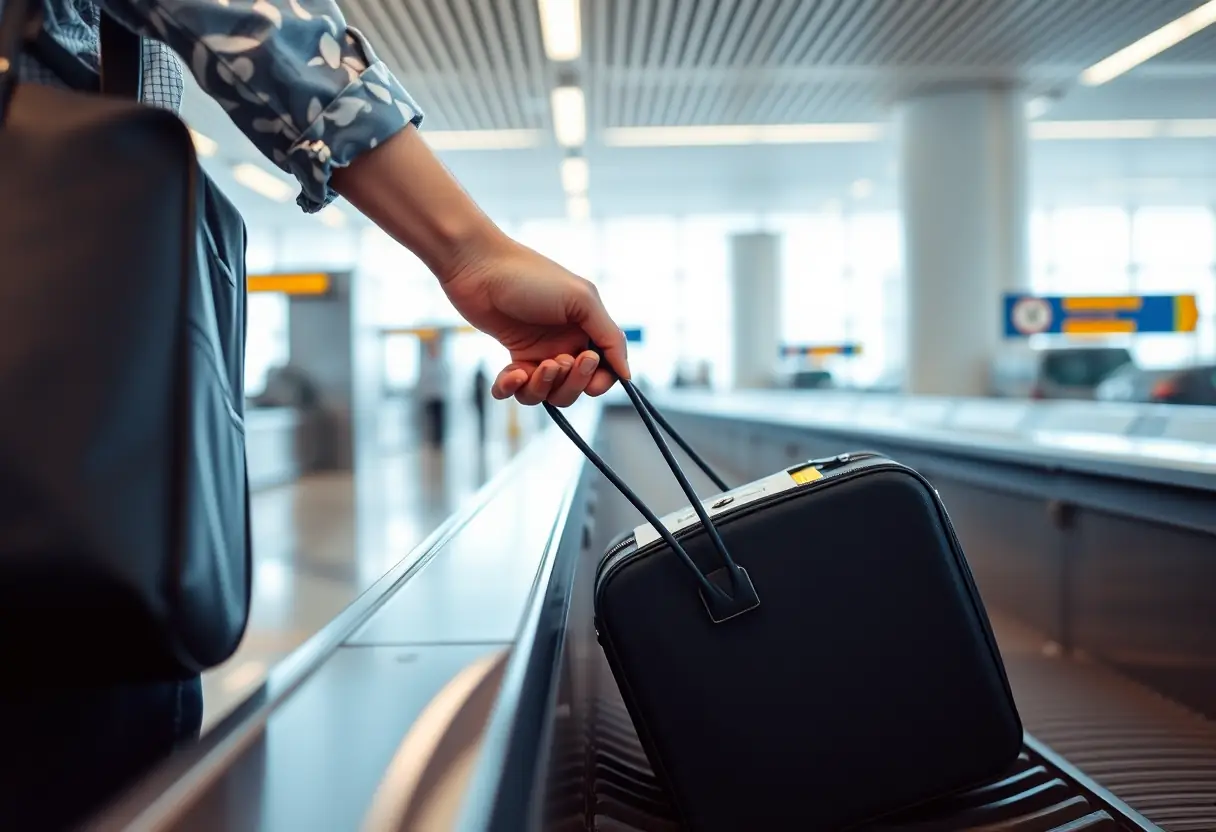 Une main pose un sac sur la passerelle de bagages à un terminal d'aéroport