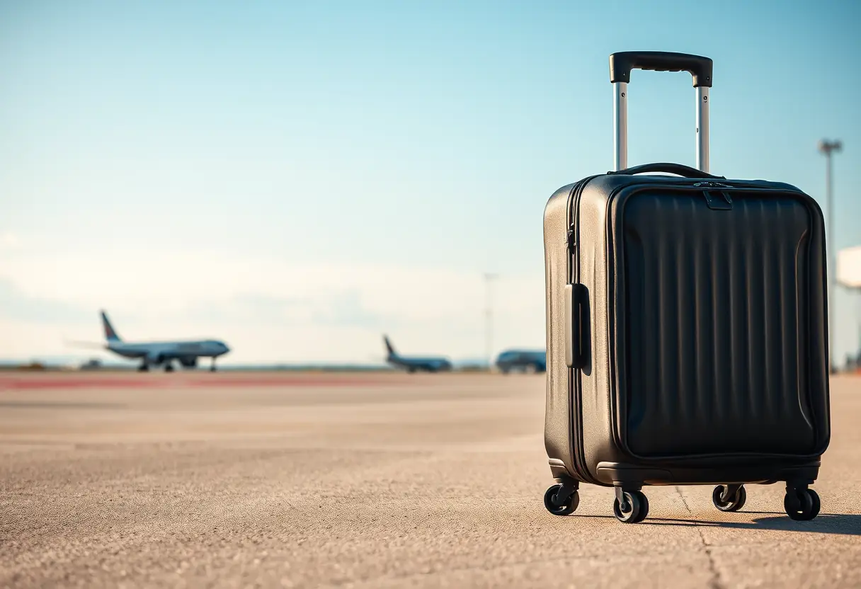 Un bouton de poignée télescopique sur un bagage de cabine moyen posé sur le tarmac d'un aéroport