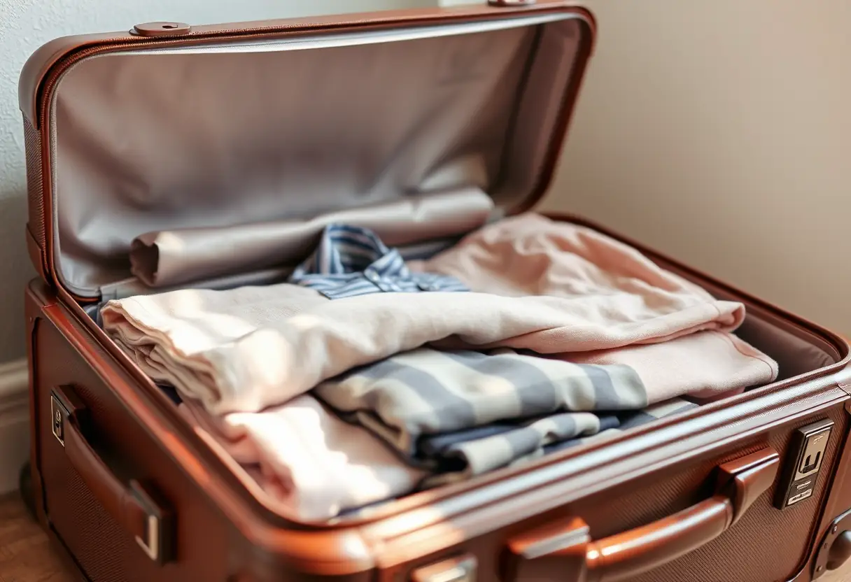 Une valise dont la couvercle est légèrement ouvert, révélant des vêtements pliés avec soin à l'intérieur