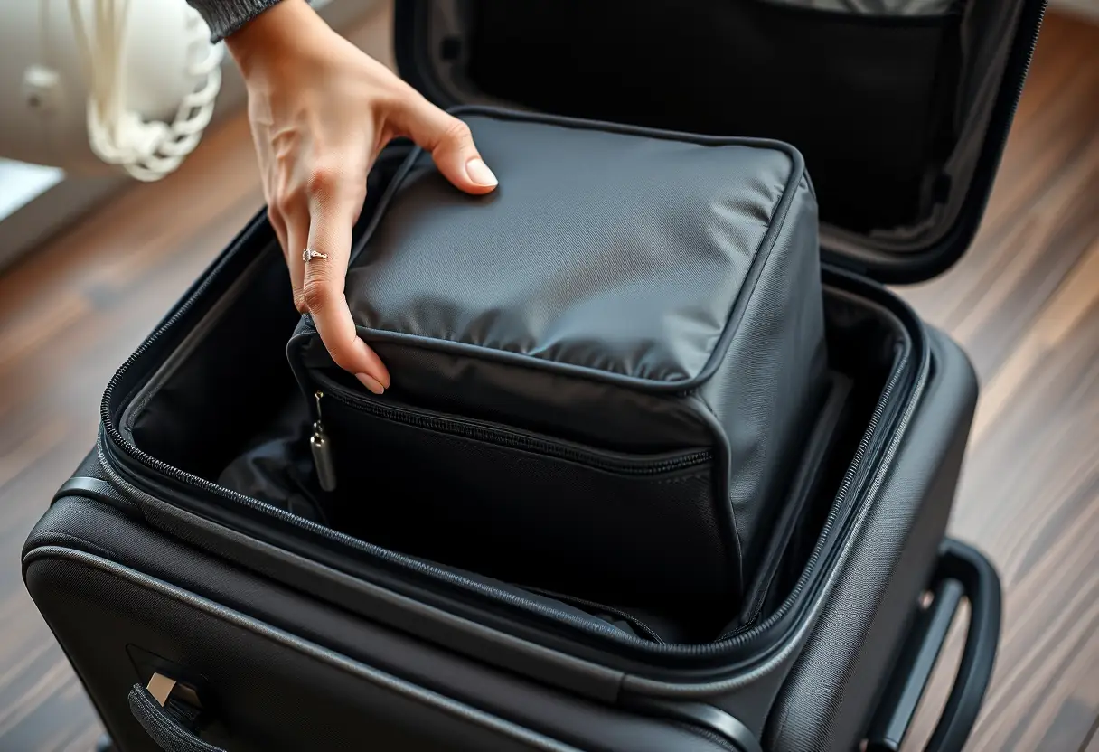 La main d'une personne en train de placer un compartiment de rangement rectangulaire dans une valise cabine rigide