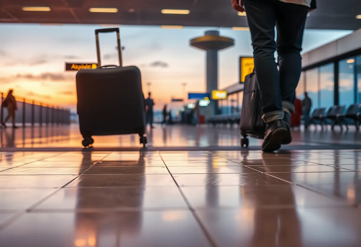 Les roues d'une valise cabine qui roulent sur des carreaux mouillés dans un terminal d'aéroport au crépuscule