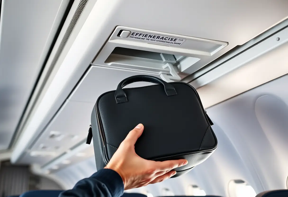 Une main pose délicatement un sac-cabine moyen dans un compartiment au-dessus des sièges d'un avion