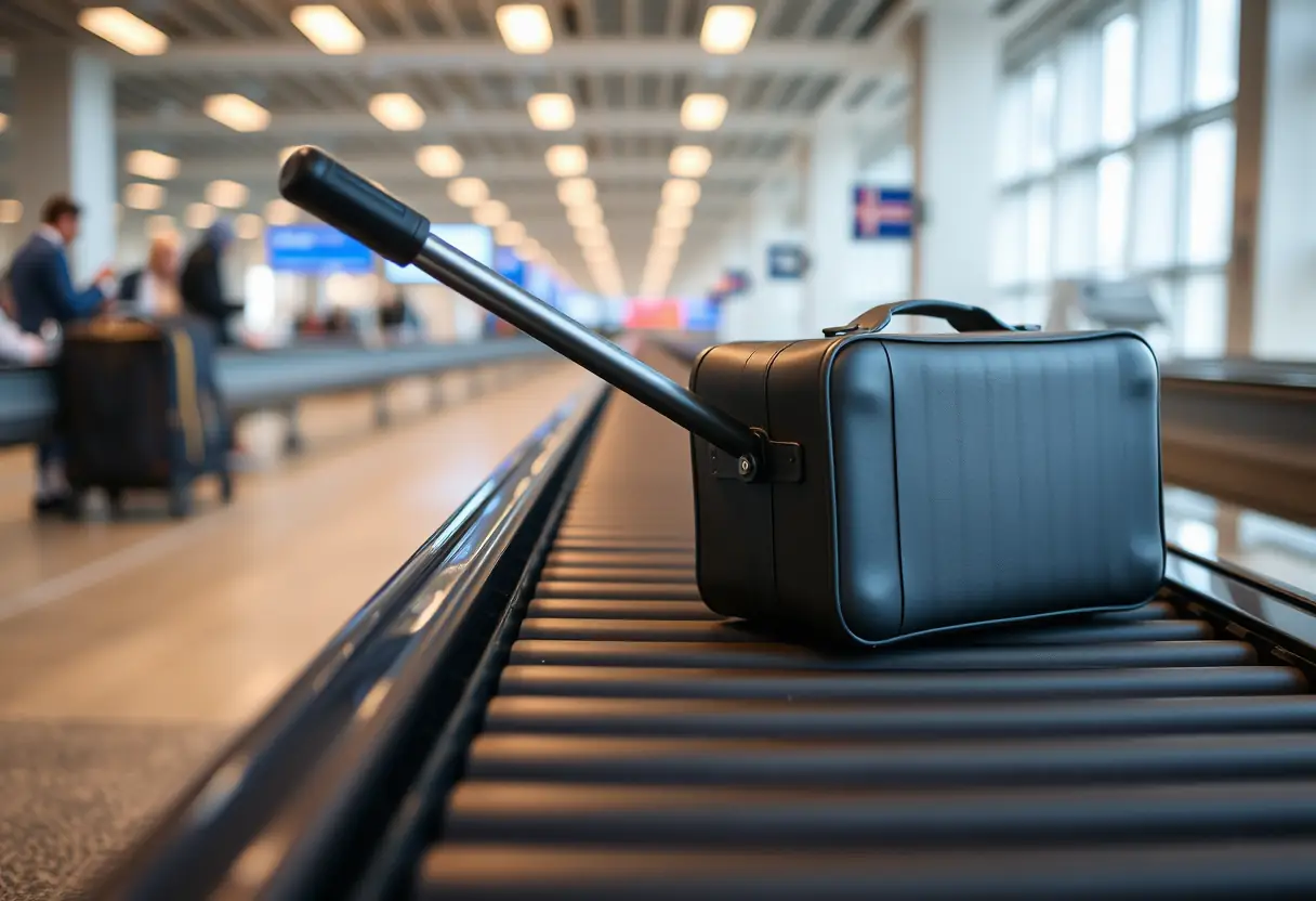 Un manche télescopique sortant d'une valise cabine sur un tapis roulant d'aéroport