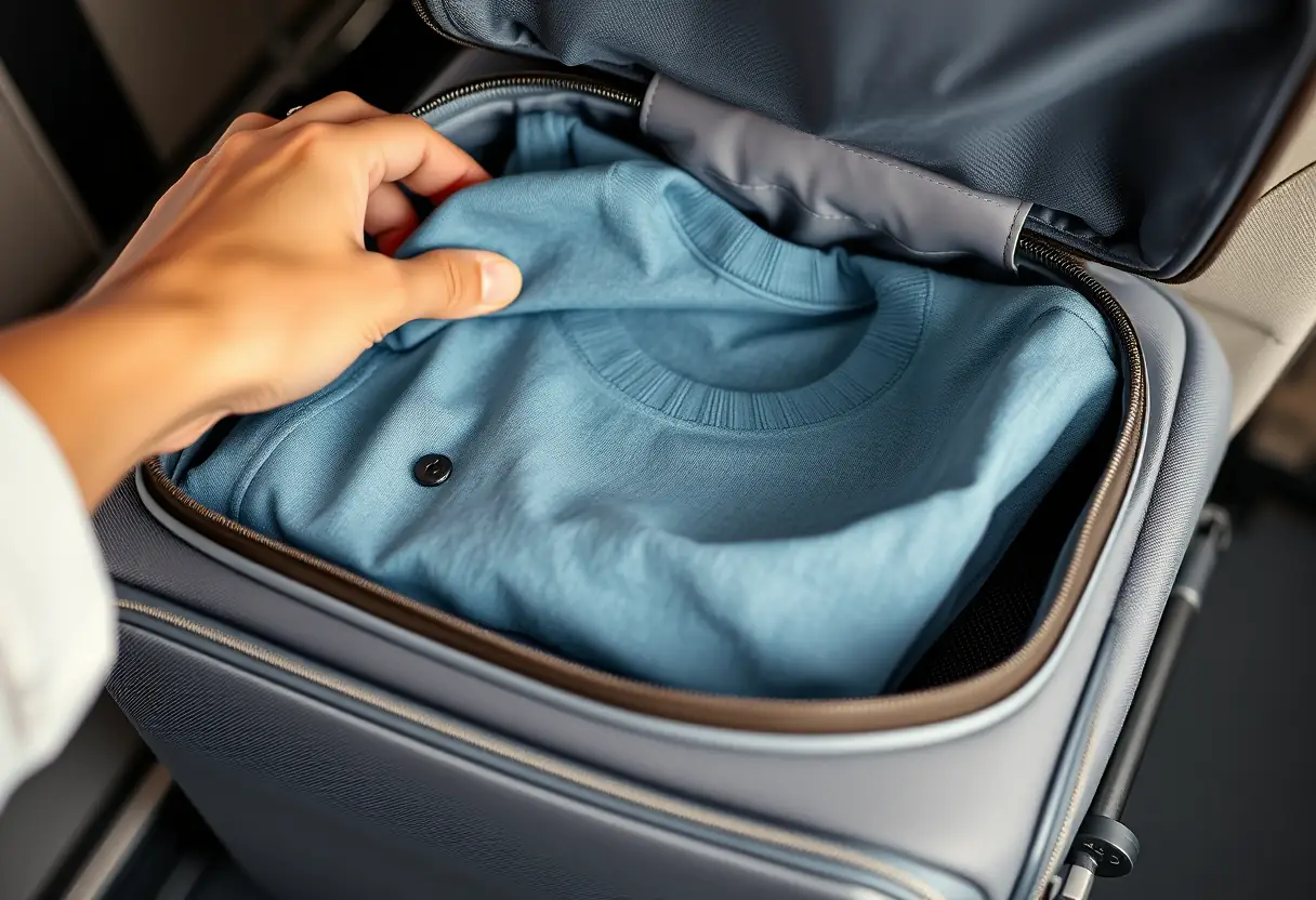 Une main qui place un tee-shirt plié dans un sac de voyage cabine