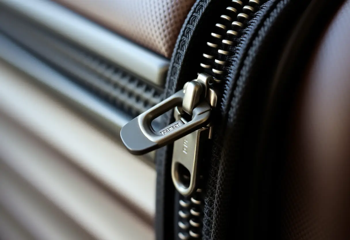 Un zip métallique d'une valise, mettant en valeur sa complexité