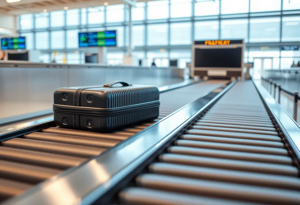 Une valise rectangulaire sur un tapis roulant dans un aéroport