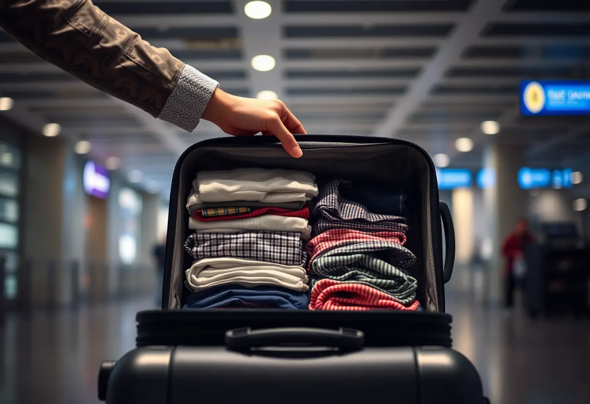 Une main arrange des vêtements pliés dans une valise ouverte