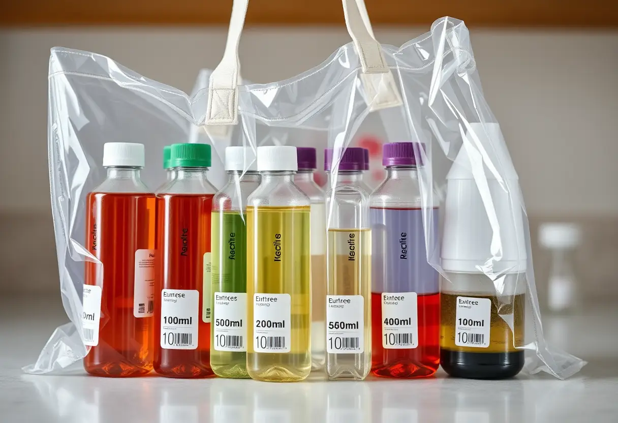 Un sac en plastique transparent rempli de bouteilles scellées contenant chacune exactement 100ml de liquide, disposées avec soin sur un comptoir