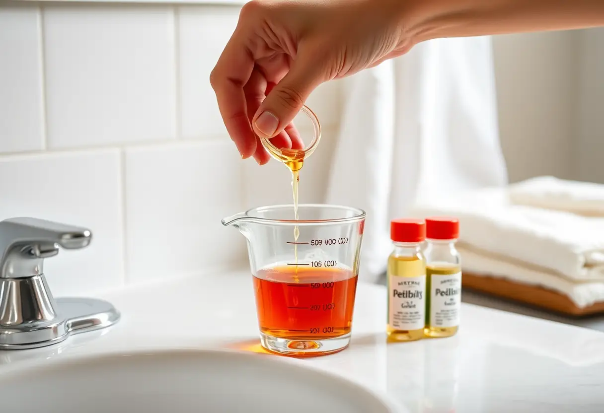 Une main qui verse une petite quantité de liquide dans un verre à mesurer posé sur une coiffeuse de salle de bains, à côté de plusieurs petits récipients scellés