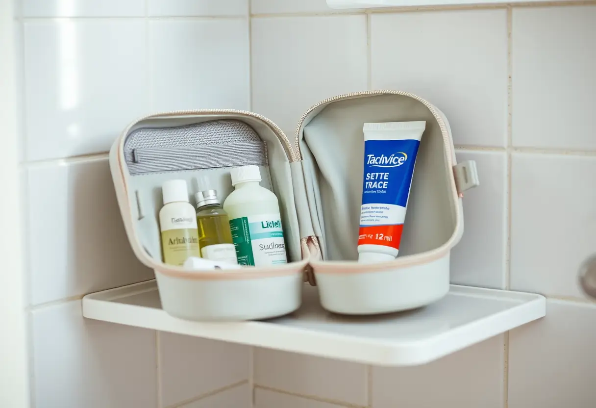 Un kit de toilette ouvert sur une étagère de salle de bains contenant plusieurs petits flacons et un tube de dentifrice