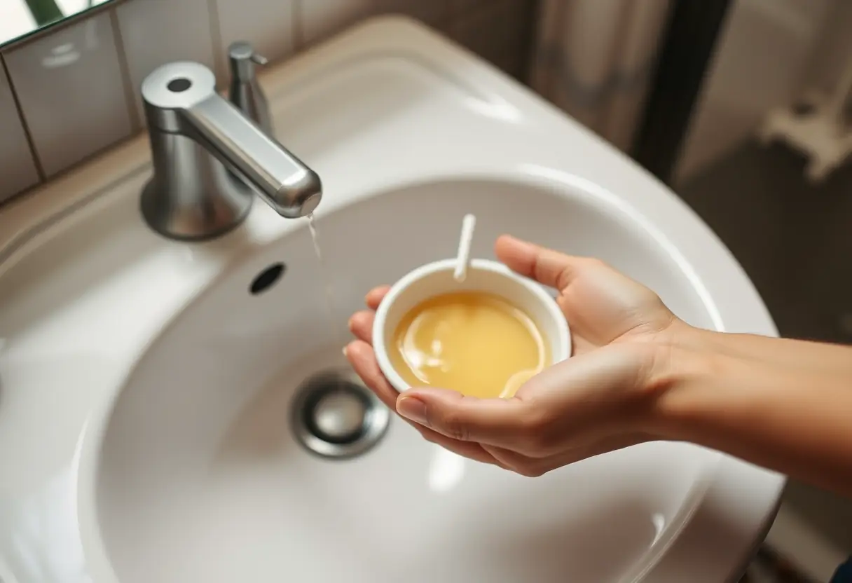 Une main verse du savon liquide dans un petit bol posé sur un lavabo de salle de bain