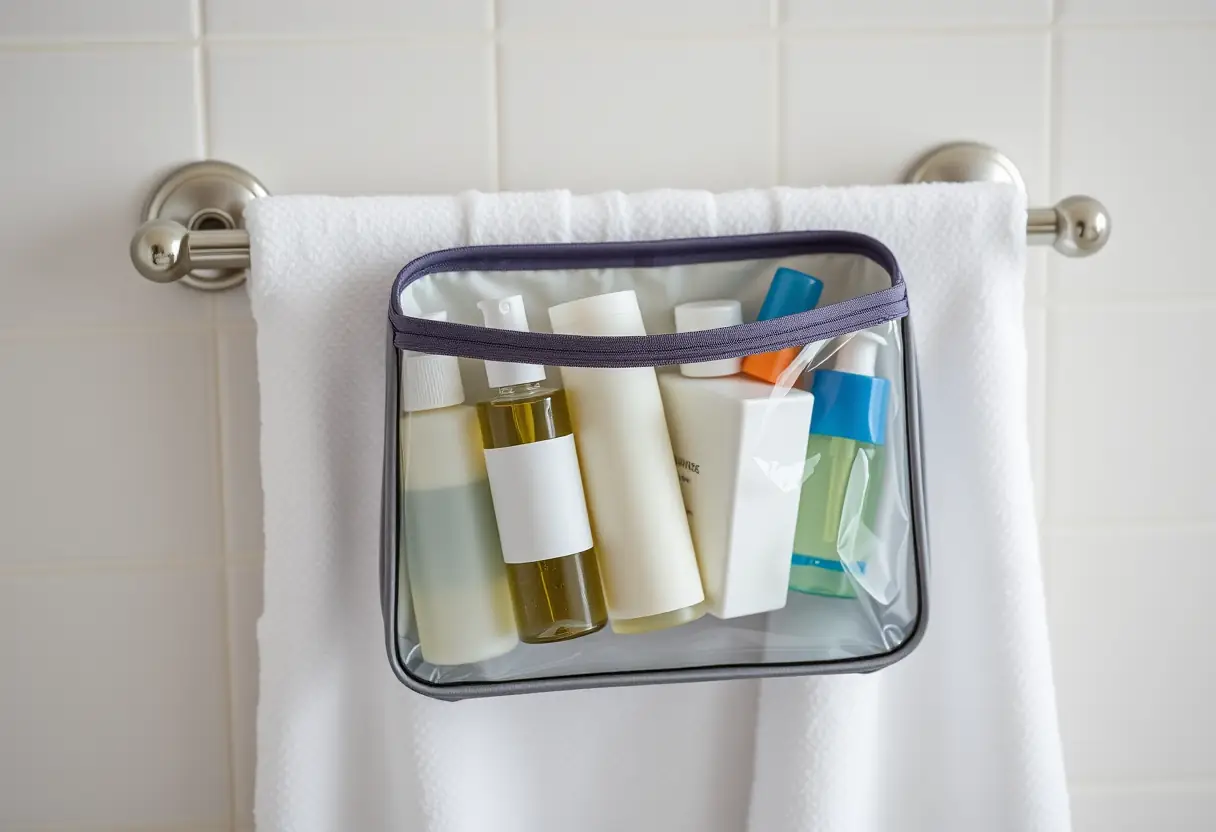 Un sac de toilette accroché à une barre à serviettes dans une salle de bain, rempli de petites bouteilles et tubes de produits de moins de 100 ml