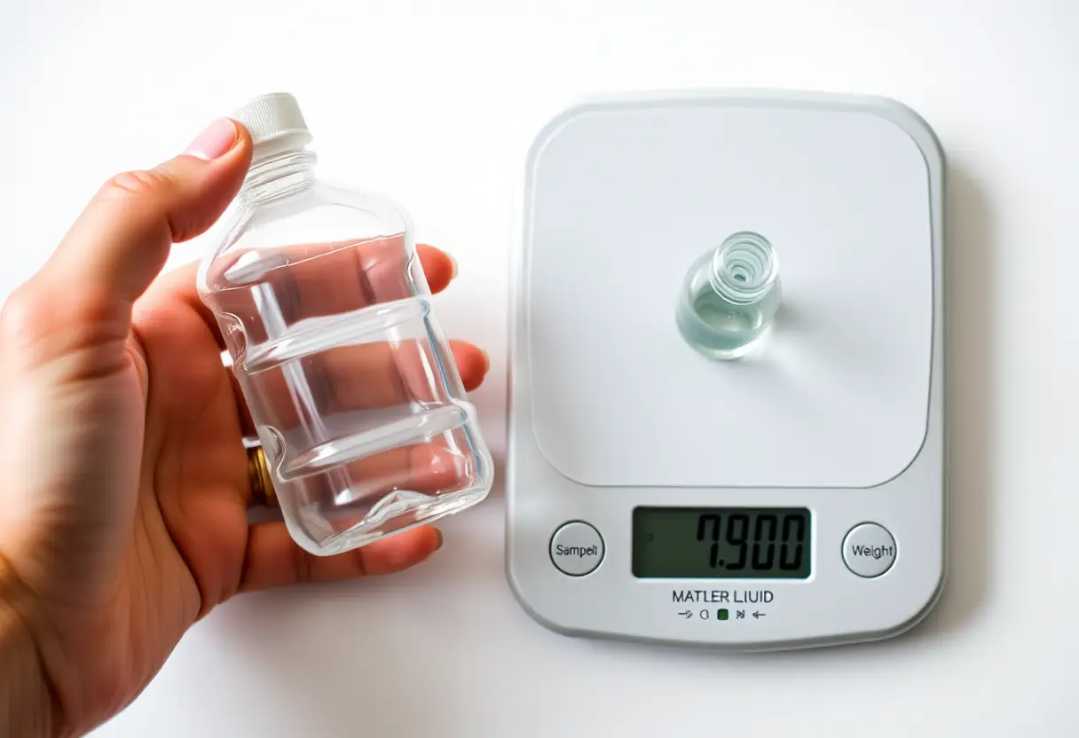 Une main tenant une bouteille en plastique à côté d'une balance numérique affichant le poids d'un conteneur de produit liquide
