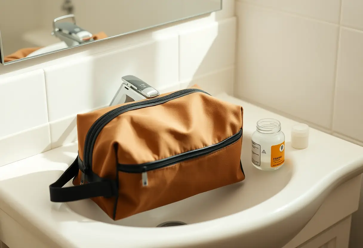 Un sac de toilette fermé repose sur un lavabo, près d'une bouteille d'eau partiellement remplie et d'un flacon de médicaments ouvert