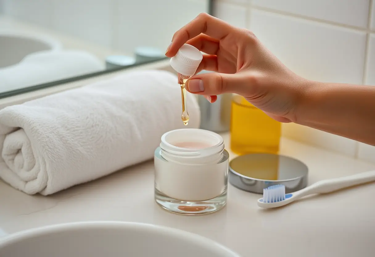 Une main verse un liquide d'une petite bouteille en plastique dans un pot de cosmétique ouvert sur un meuble de toilette, près d'une serviette roulée et d'un brosse à dents