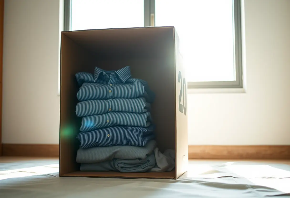 Une grande boîte en carton ouverte révélant des vêtements pliés pour le sac de voyage de l'internat.