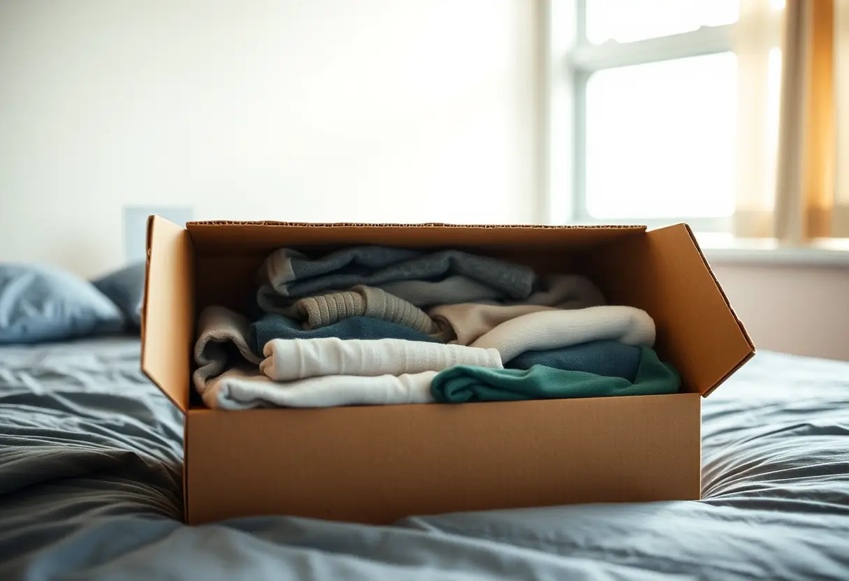 Une boîte cartonnée contenant des vêtements pliés dans une chambre d'étudiant