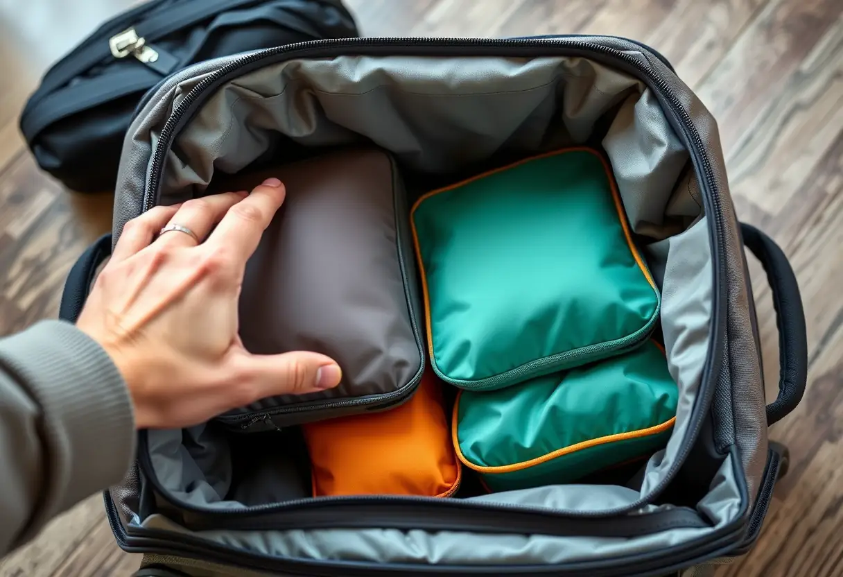 On place des cubes de rangement dans une valise cabine moyenne.